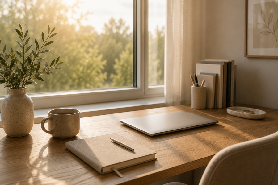 Ruhiger Schreibtisch am Fenster im Morgenlicht
