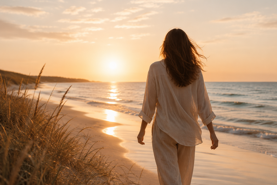 Frau geht bei Sonnenuntergang am Strand