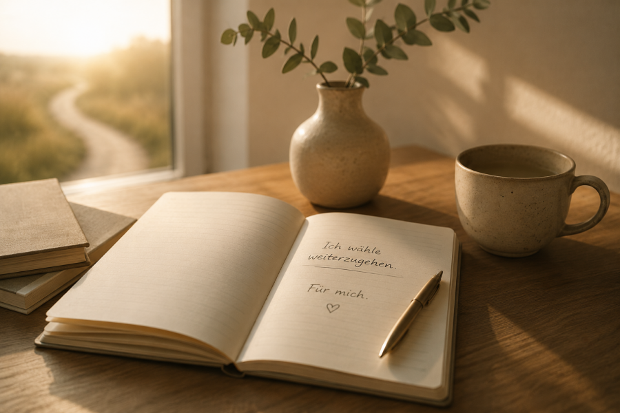 Notizbuch am Fenster mit dem Satz: Ich wähle weiterzugehen