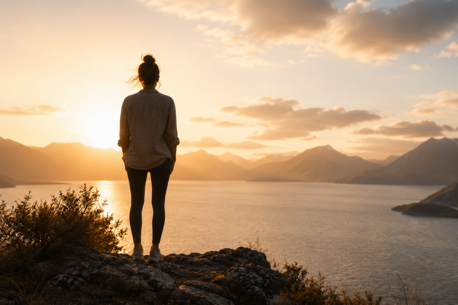 Frau steht auf einem Felsen und blickt über einen See