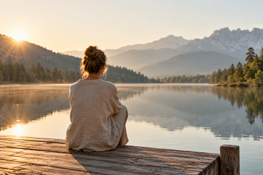 Stille Spiegelung an einem ruhigen See – ein Bild für persönliches Wachstum durch Selbstbeobachtung.